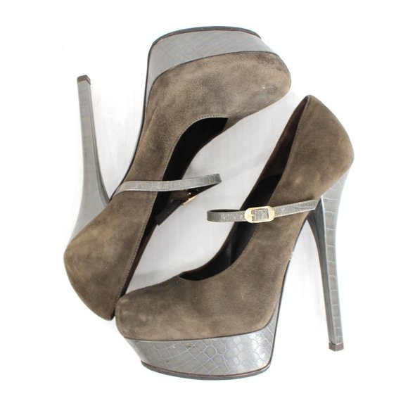 Fendi Olive Suede Croc Platform Pumps Sz 40 Ankle Strap Mary Jane Stiletto Heels - Picture 7 of 14